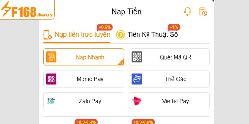 Các phương thức nạp tiền F168 phổ biến